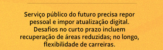 Serviço público do futuro precisa repor pessoal e impor atualização digital. Desafios no curto prazo incluem recuperação de áreas reduzidas; no longo, flexibilidade de carreiras.