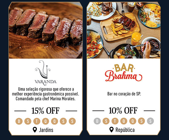Varanda: 15% Off | Bar Brahma: 10% Off