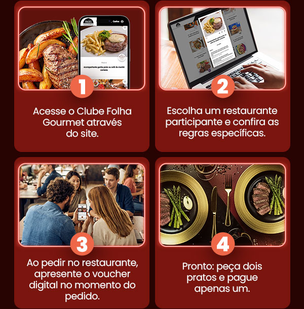 Acesse o Clube Folha Gourmet, escolha um restaurante participante, ao pedir no restaurante, apresente o voucher digital, pronto, peça dois pratos e pague apenas 1.