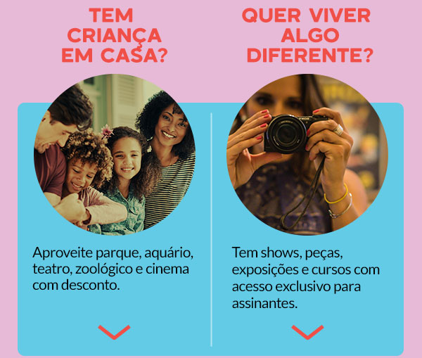 Tem criança em casa? Aproveite parque, aquário, teatro, zoológico e cinema com desconto. Quer viver algo diferente? Tem shows, peças, exposições e cursos com acesso exclusivo para assinantes.