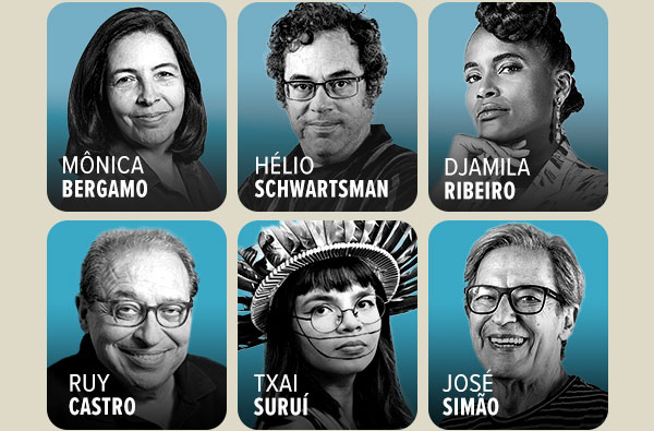 Colunistas: Mônica Bergamo, Hélio Schwartsman, Djamila Ribeiro, Ruy Castro, Txai Suruí, José Simão