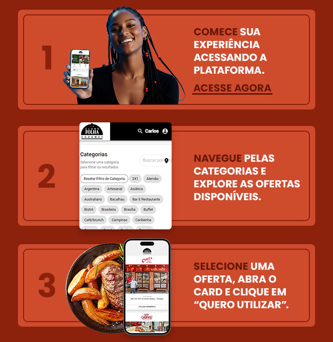 Comece a sua experiência acessando a plataforma. Navegue pelas categorias e explore as ofertas. Selecione uma oferta e abra o card e clique em quero utilizar.