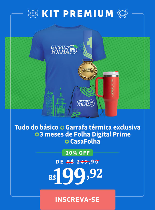 Kit Premium: Tudo do básico + Garrafa térmica exclusiva + 3 meses de Folha Digital Prime + CasaFolha. R$ 199,92. Inscreva-se