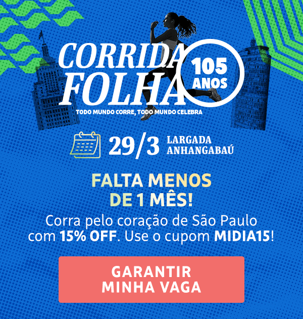 Corrida Folha 105 anos - Todo mundo corre, todo mundo celebra. 29/3 largada Anhangabaú. O preço do 1º lote muda em breve. Corra pelo coração de São Paulo com 15% OFF. Use o cupom MIDIA15. Garantir minha vaga
